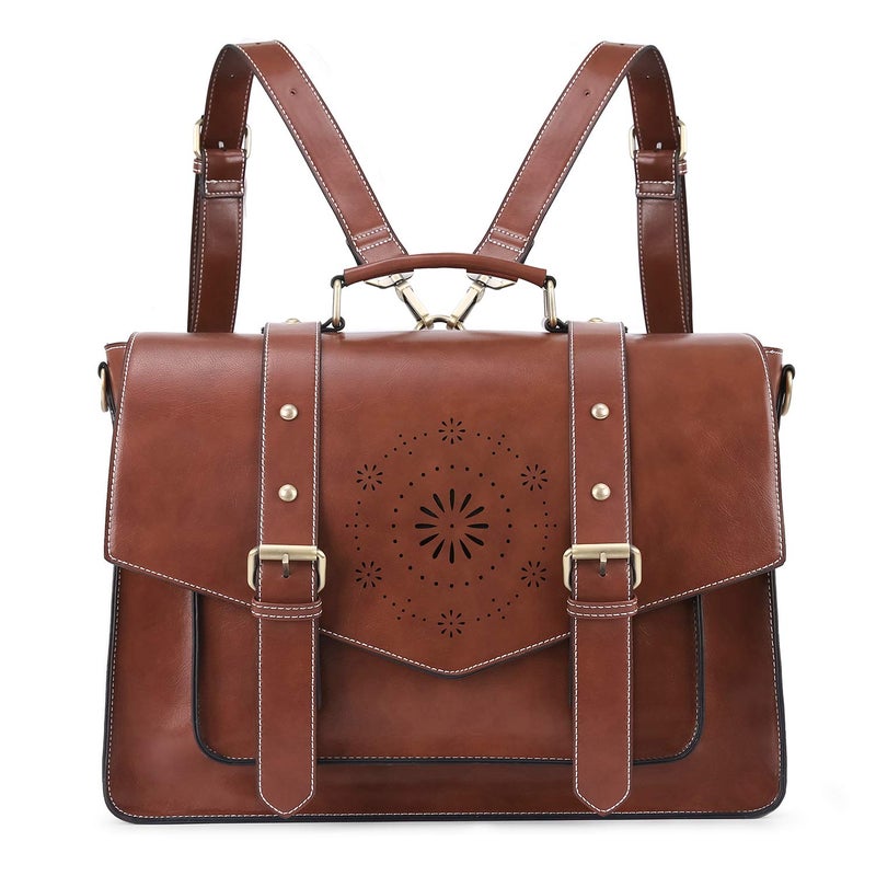 ECOSUSI Backpack for Women Briefcase Messenger Laptop Bag Vegan Leather Satchel Work Bags Fits 15.6 inch Laptops, Coffee - Image 1